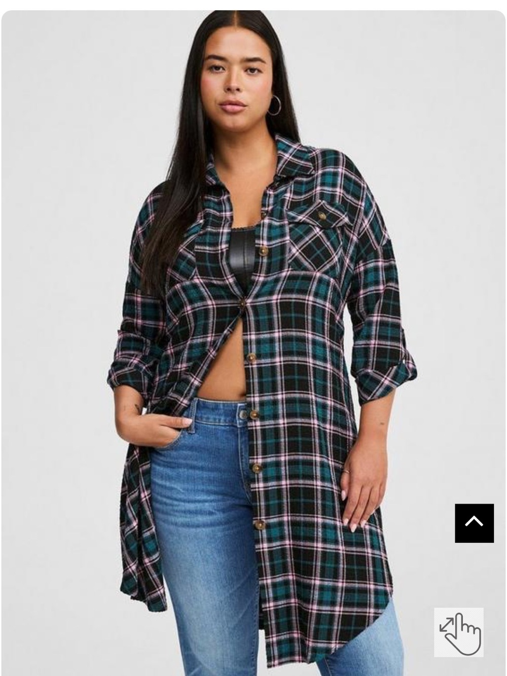 Plaid Longline Button -Front Duster Style Shirt in Dark Green, Black & Pink